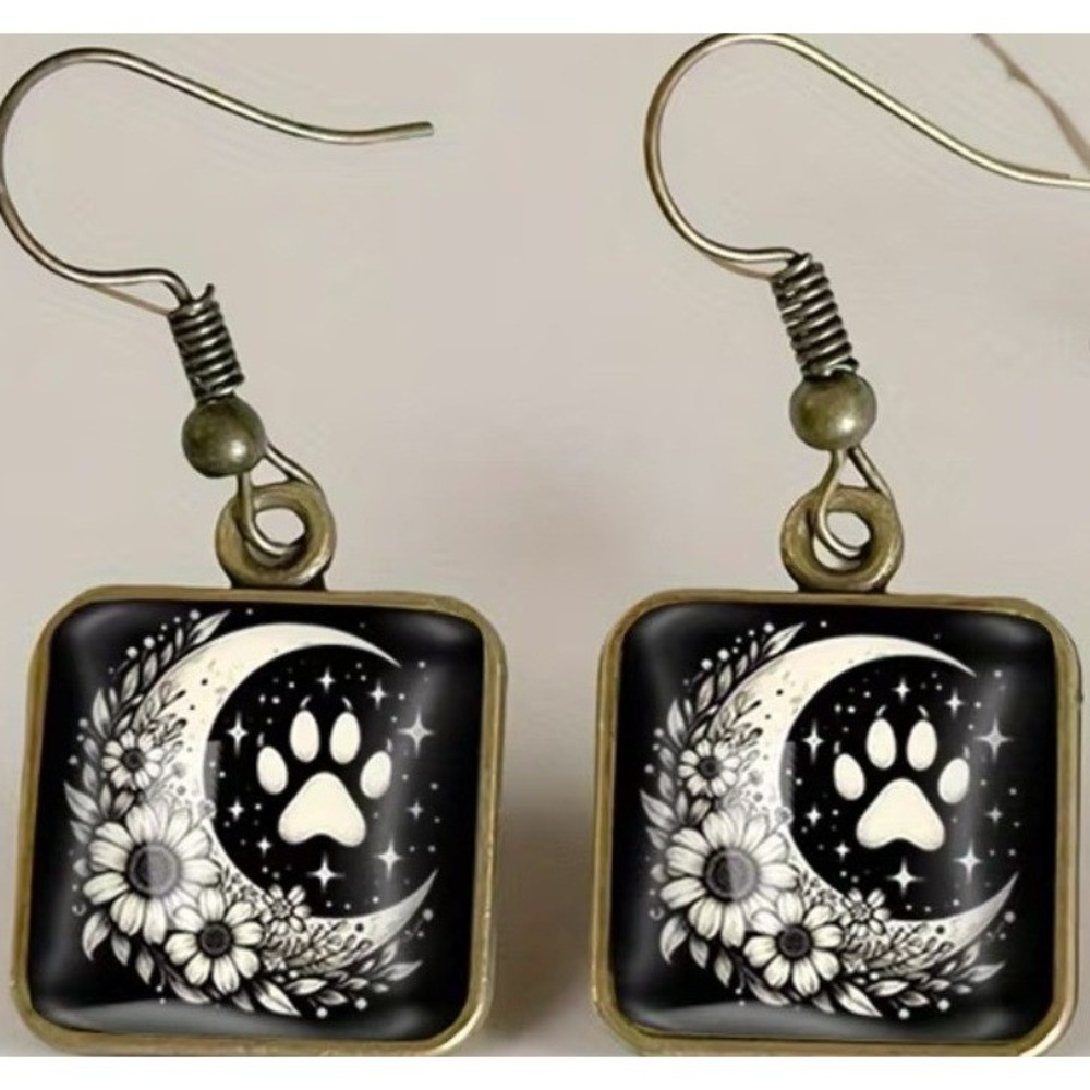black white moon floral animal cat dog pawprint glass cabochan dangle earrings